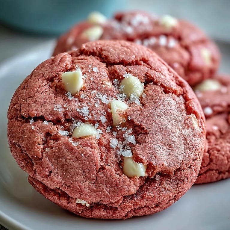 Soft and chewy Pink Velvet Cookies with vibrant pink hues, served on a festive plate.