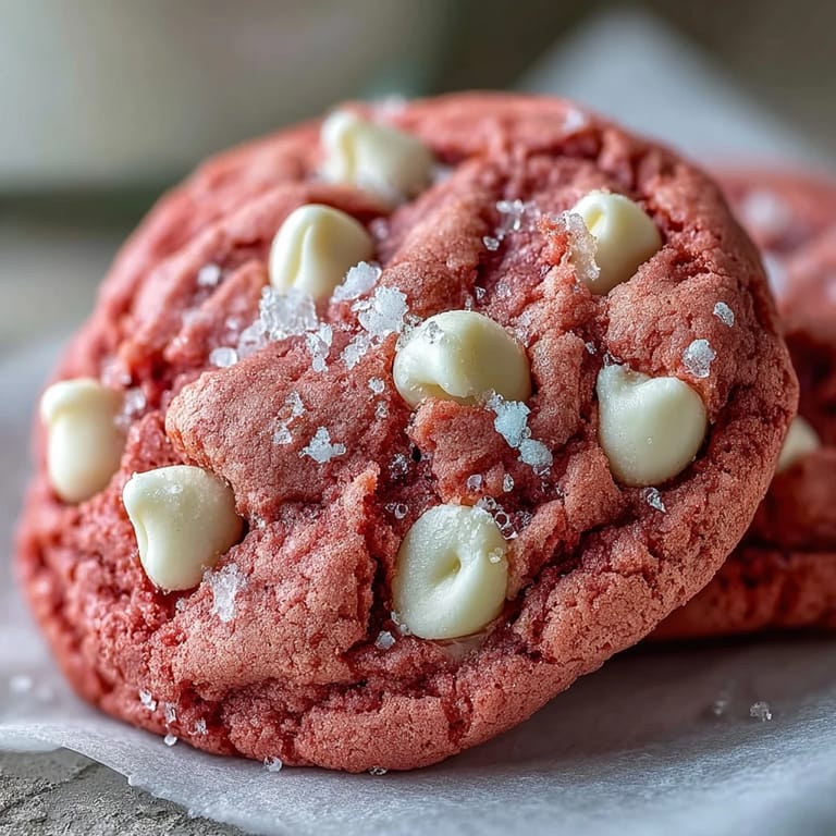 Plate of tender Pink Velvet Cookies studded with melty white chocolate chips.
