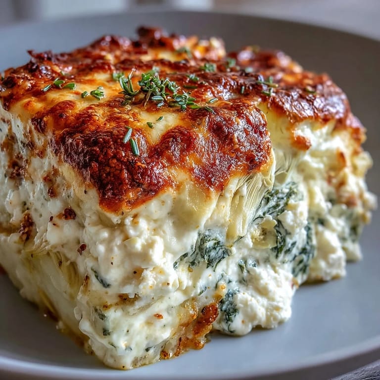 High Protein Spinach Artichoke Bake in a baking dish, garnished with fresh herbs and Parmesan, ready for meal prep.