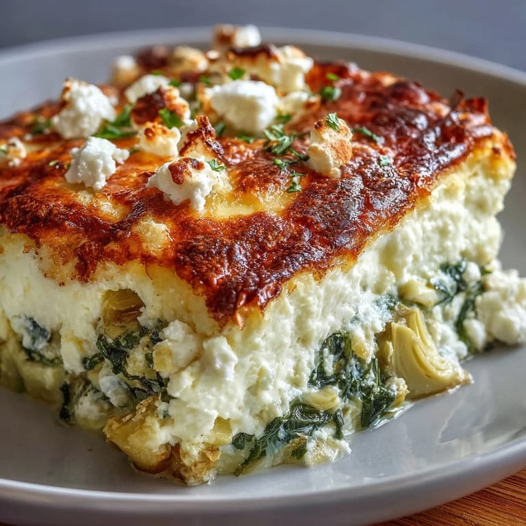 Sliced square of High Protein Spinach Artichoke Bake on a white plate, revealing creamy cottage cheese, spinach, and artichoke filling.