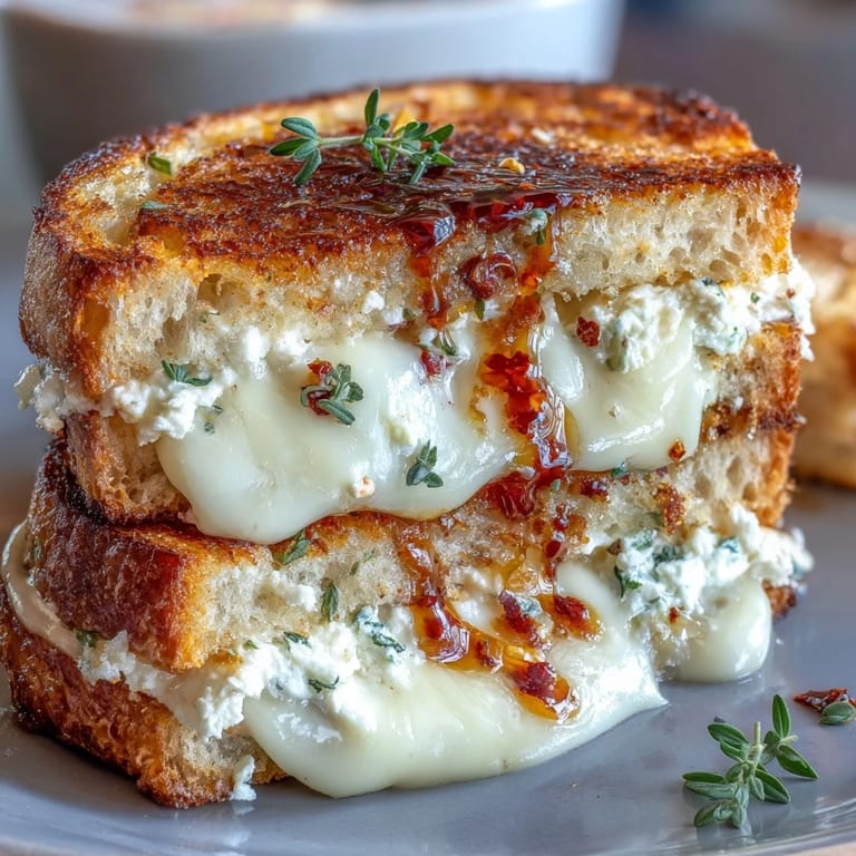 Fresh thyme garnishes the crispy edges of a warm goat cheese grilled cheese with honey and chili flakes.