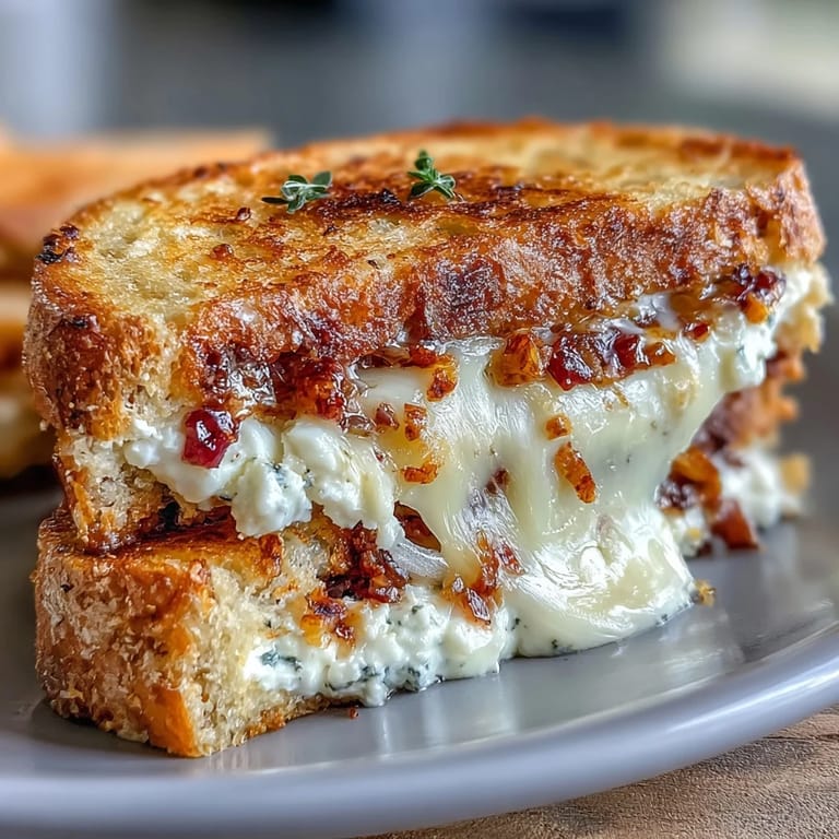 Cut in half on a marble board, this gooey goat cheese grilled cheese with honey and chili flakes steams.