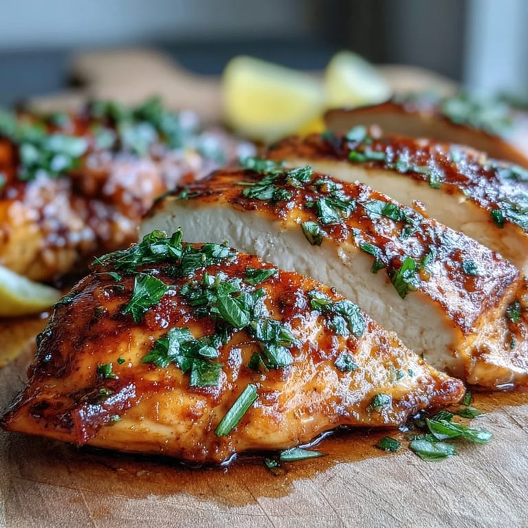 Savory Oven Baked Chicken Breast garnished with fresh parsley and lemon slices on a rustic wooden cutting board.