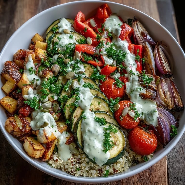 A Mediterranean-inspired Roasted Vegetable Quinoa Bowl topped with crunchy pumpkin seeds and drizzled with a bright, creamy tahini sauce.