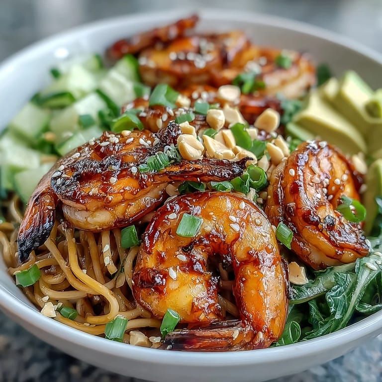 Savory Grilled Shrimp Asian Noodle Bowl served in a ceramic bowl with fresh sprouts and creamy avocado.