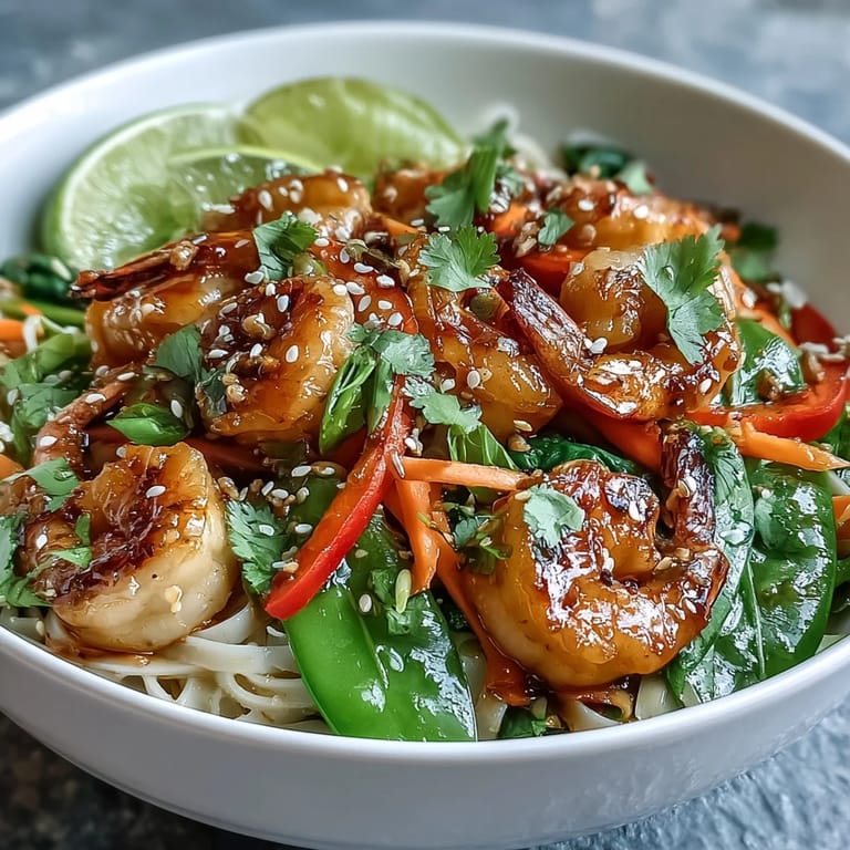 A close-up of Asian Noodle Bowl with Shrimp and Scallops topped with sesame seeds and lime.