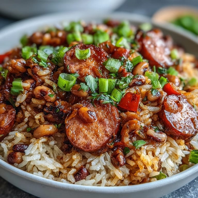 A spoon lifts a generous serving of hearty Black-Eyed Pea Jambalaya, revealing tender black-eyed peas, diced tomatoes, and savory sausage in a rich Cajun sauce.