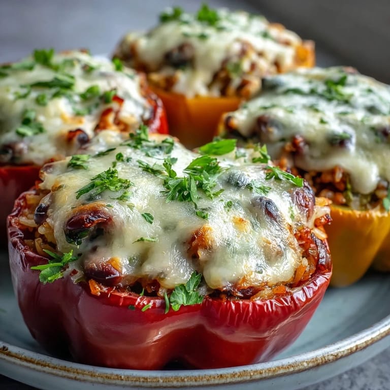 A freshly baked black-eyed pea stuffed pepper is served on a white plate, garnished with fresh parsley and ready to be enjoyed as a wholesome vegetarian main dish.