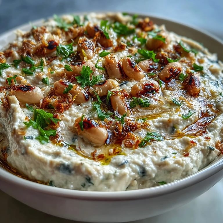 Smashed Black-Eyed Peas dip topped with a drizzle of olive oil, served alongside crunchy vegetable sticks and crackers.