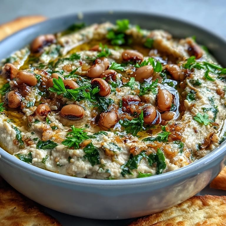Close-up of textured Smashed Black-Eyed Peas with minced garlic and lemon zest, prepared in a rustic ceramic serving bowl.