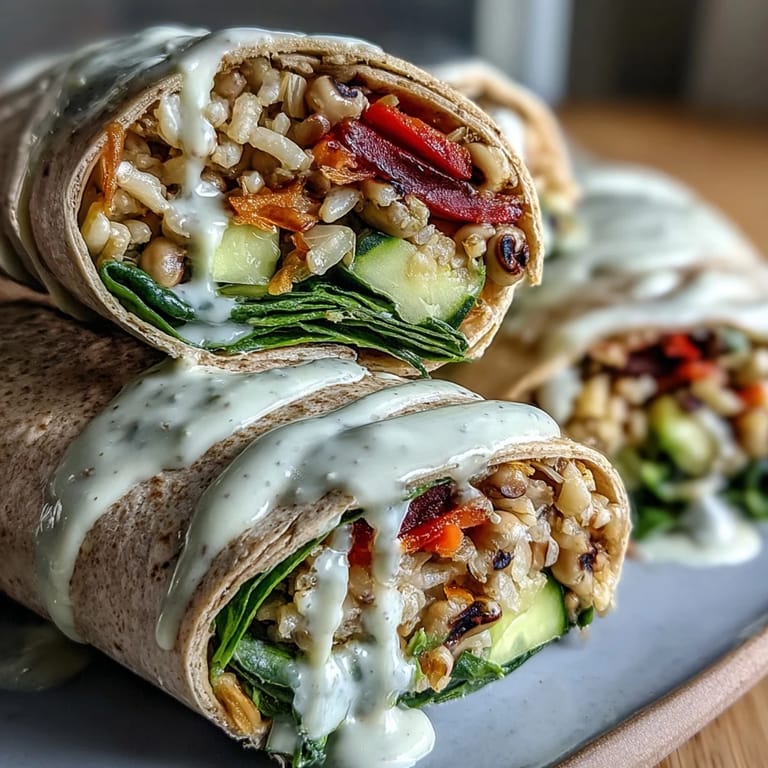 Two halves of a Black-Eyed Pea Wrap show brown rice, cucumber strips, and vibrant bell pepper on a rustic plate.