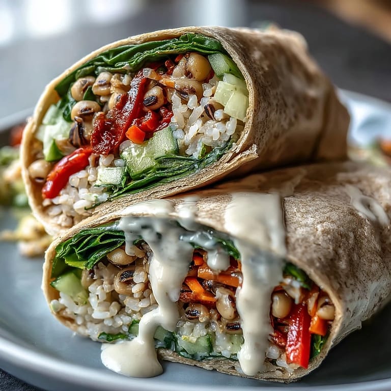 Freshly rolled Black-Eyed Pea Wraps in whole wheat tortillas, ready to eat with a side of lemon wedges.