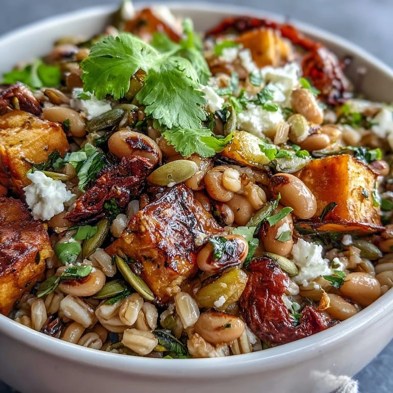 Nourishing black-eyed pea grain bowl topped with caramelized vegetables, fresh parsley, and optional feta, served with lemon wedges for brightness.