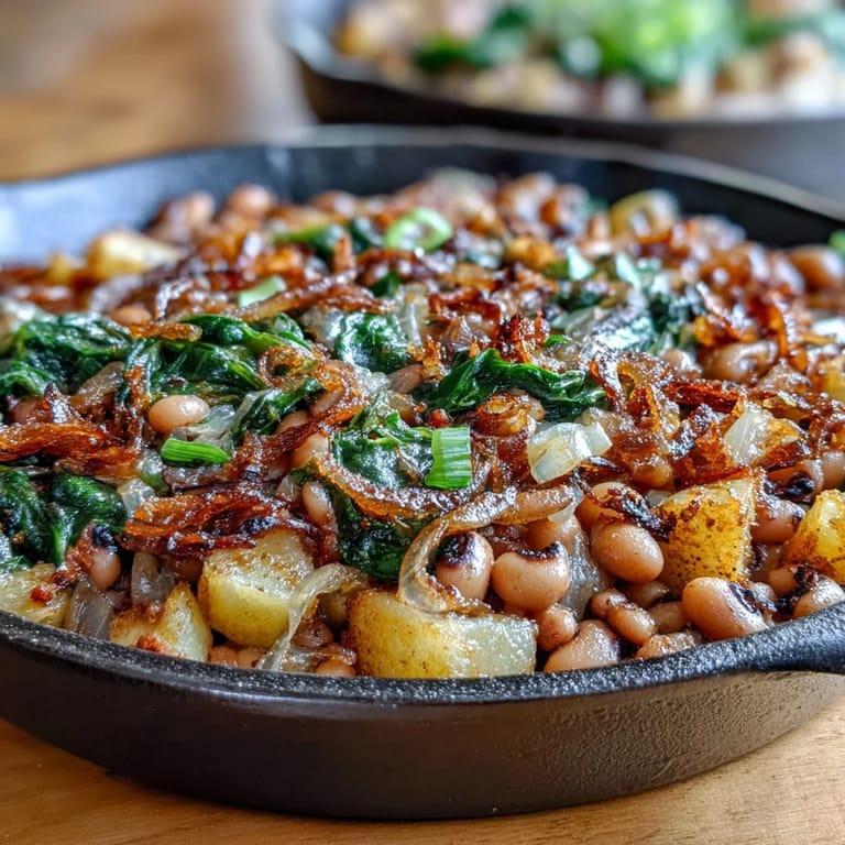 One-pan black-eyed pea skillet meal featuring smoky paprika, sweet onions, and fresh spinach for a comforting Southern-inspired dinner.