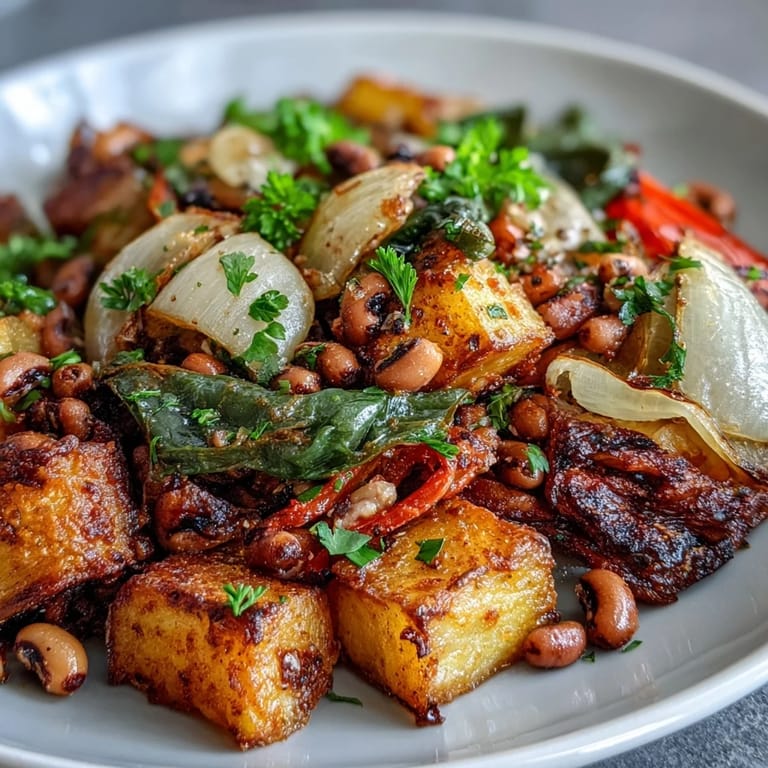 Savory black-eyed pea hash with smoky paprika, cumin, and tender vegetables, served hot and garnished with fresh parsley.  