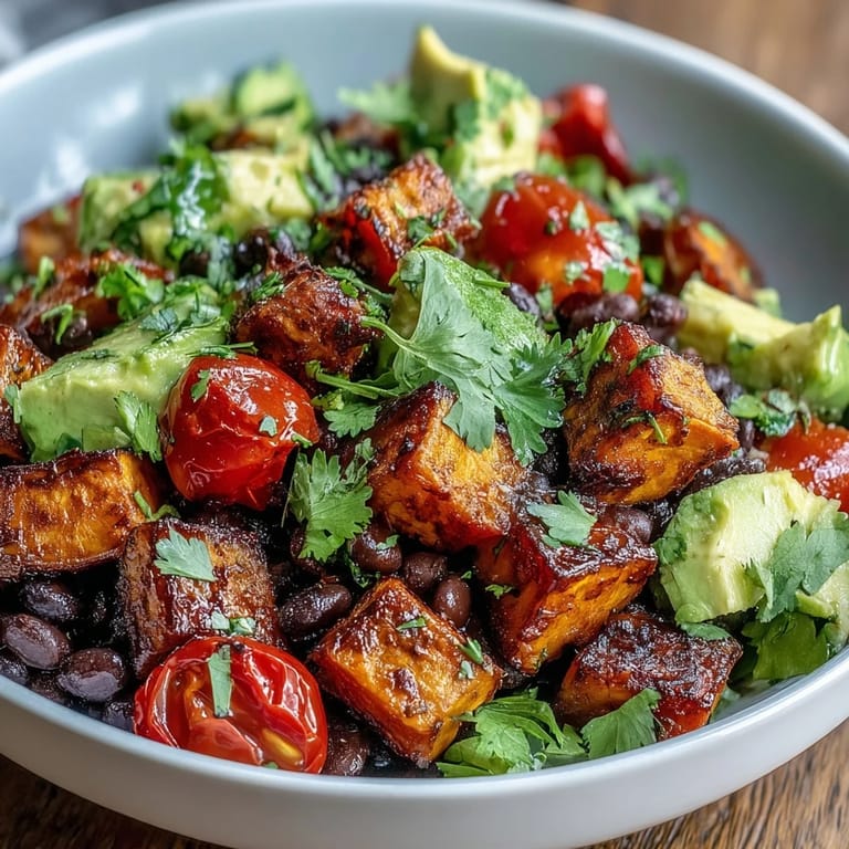 Roasted sweet potatoes and black beans served over fresh greens with salsa, avocado, and a tangy lime dressing in a colorful, nourishing bowl.