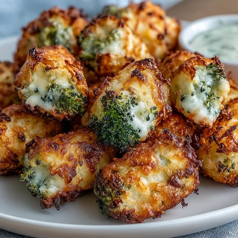 Cheesy broccoli tots shaped into bite-sized cylinders, air fried to perfection and arranged on a serving plate for a healthy snack.  
