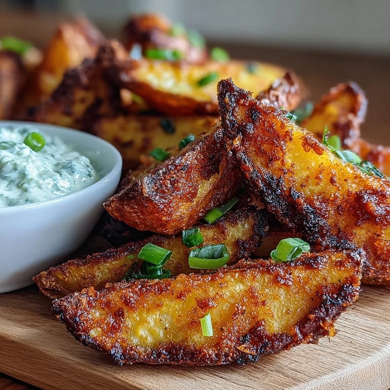 Crispy seasoned potato wedges hot from the air fryer, paired with tangy sour cream and Greek yogurt dip for a satisfying bite.  