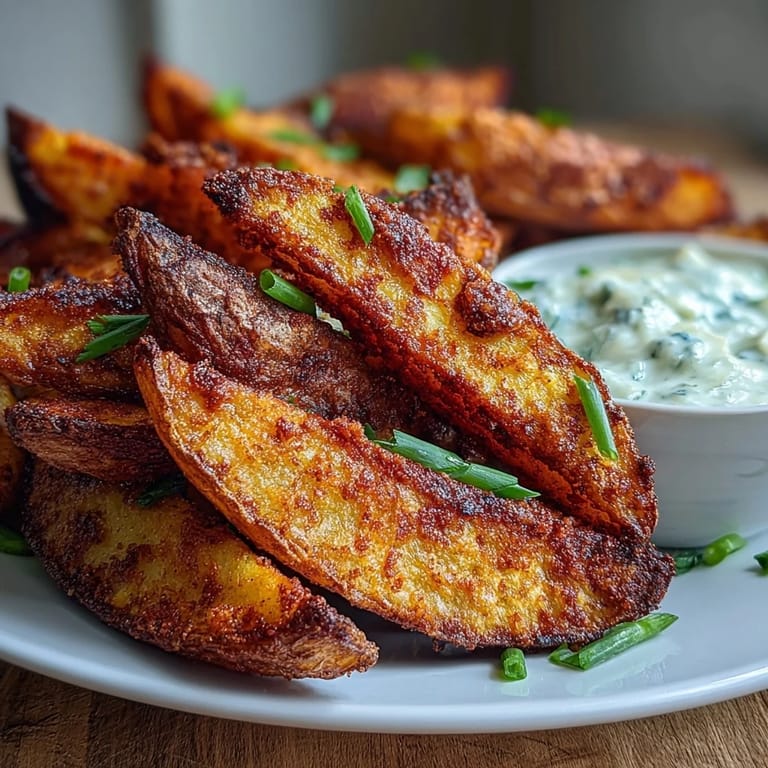 Crispy air-fried potato wedges seasoned with garlic and paprika, served alongside a fresh spring onion and lemon dip for dipping.