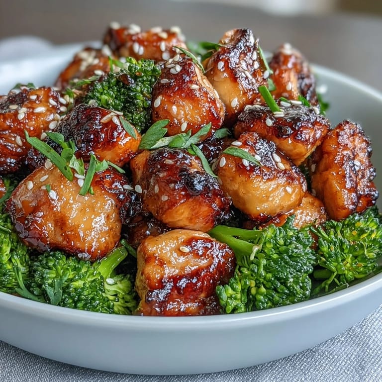 Golden air-fried chicken bites coated in sticky honey garlic glaze, paired with crisp broccoli for a balanced dinner.