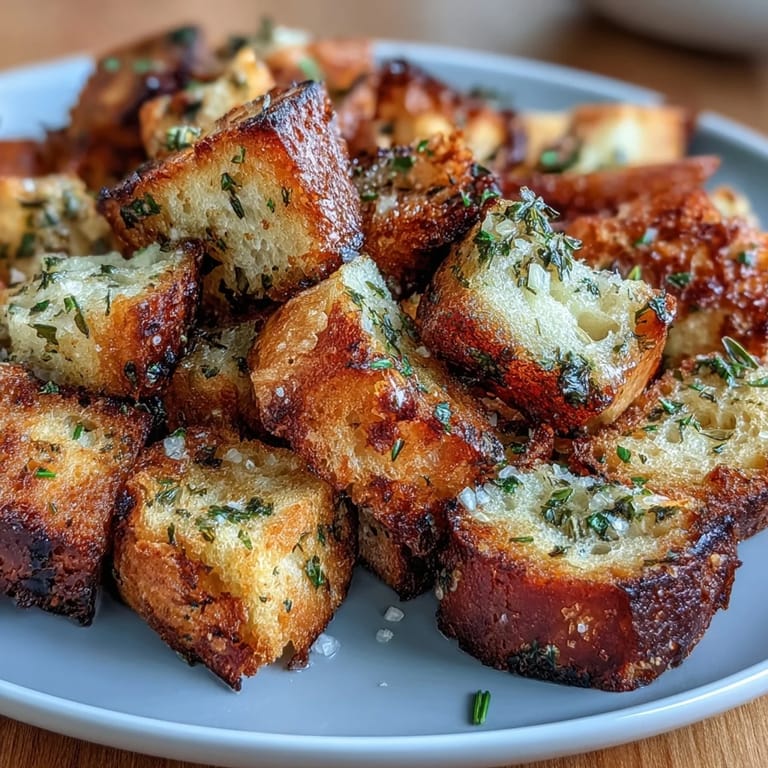 Fragrant sourdough croutons tossed in olive oil, garlic, and herbs, air-fried until golden and irresistibly crunchy.