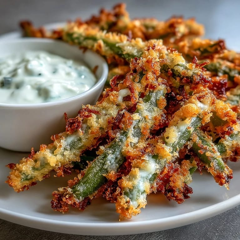 Healthy green bean fries made in air fryer, lightly crisp, served with herby homemade ranch yogurt dip.