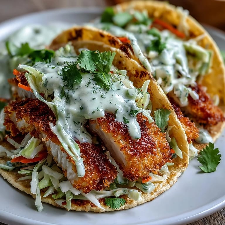 Golden-brown air-fried fish tacos topped with vibrant cabbage slaw and zesty lime crema, perfect for a light meal.  