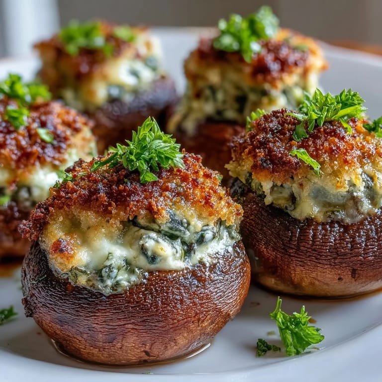 Easy air fryer mushrooms filled with a rich spinach and cream cheese mixture, golden-topped and ready to impress guests or family.