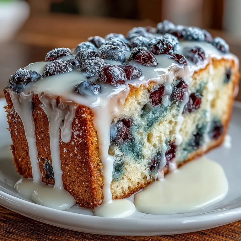 Tender lemon cake dotted with fresh blueberries and topped with a sweet, tangy lemon glaze, ideal for celebrations.  