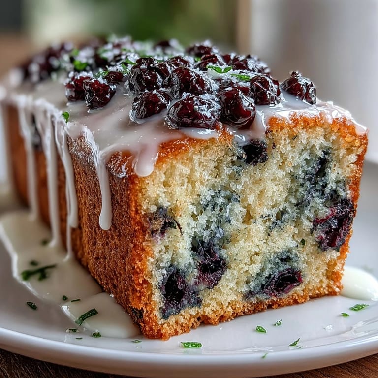 A slice of lemon blueberry loaf with vibrant berries and a drizzle of simple glaze, ready to serve at any party.