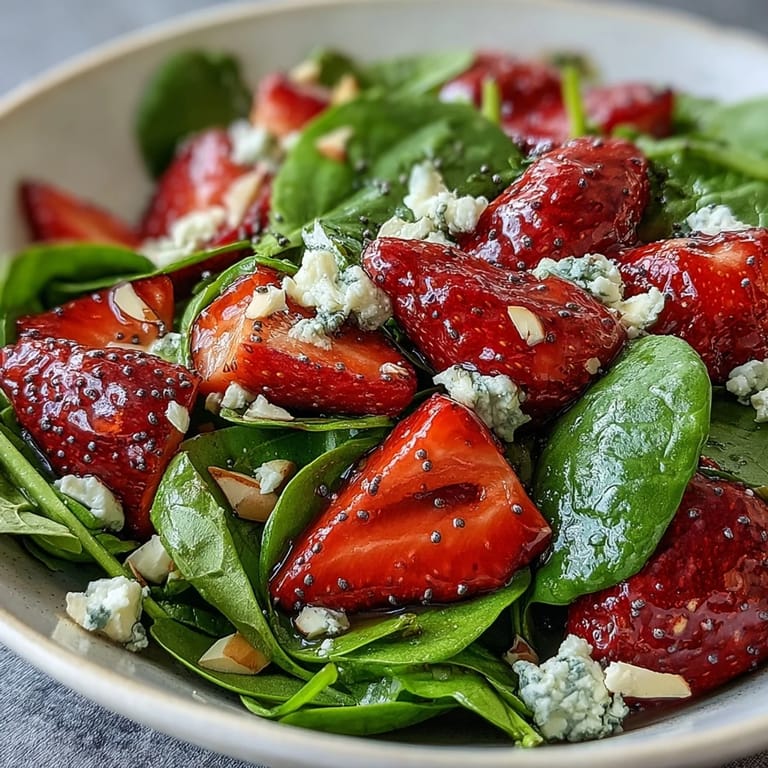 Vibrant spring salad with sweet strawberries, tender baby spinach, feta crumbles, and toasted almonds in homemade poppy seed dressing.  