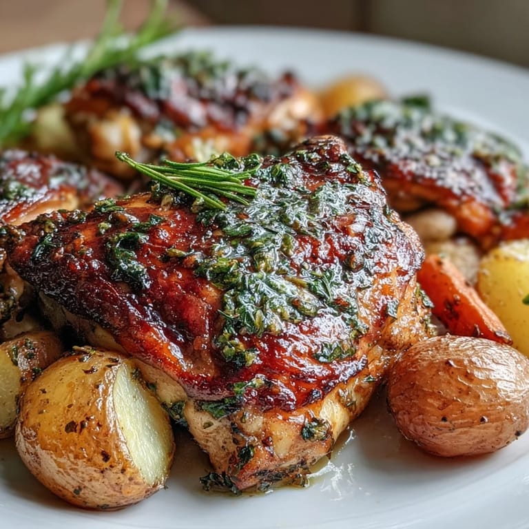 One-pan herb roasted chicken thighs surrounded by golden baby potatoes and caramelized carrots, perfect for a family meal.