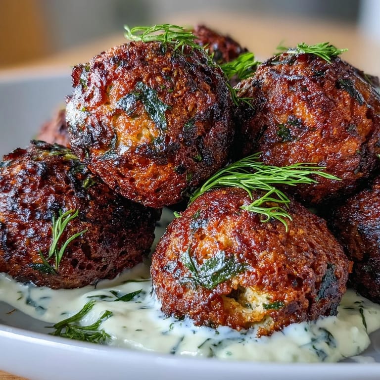 Herb-packed falafel balls made in the air fryer, served with creamy green tahini sauce and fresh parsley.  