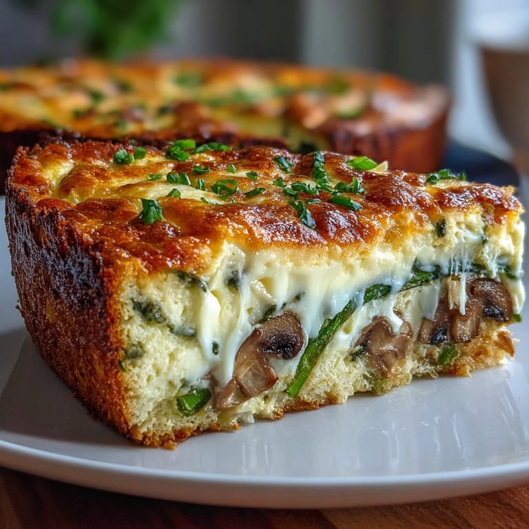 Crispy sourdough bread base topped with tender asparagus, sautéed mushrooms, and a rich egg custard, perfect for spring dining.