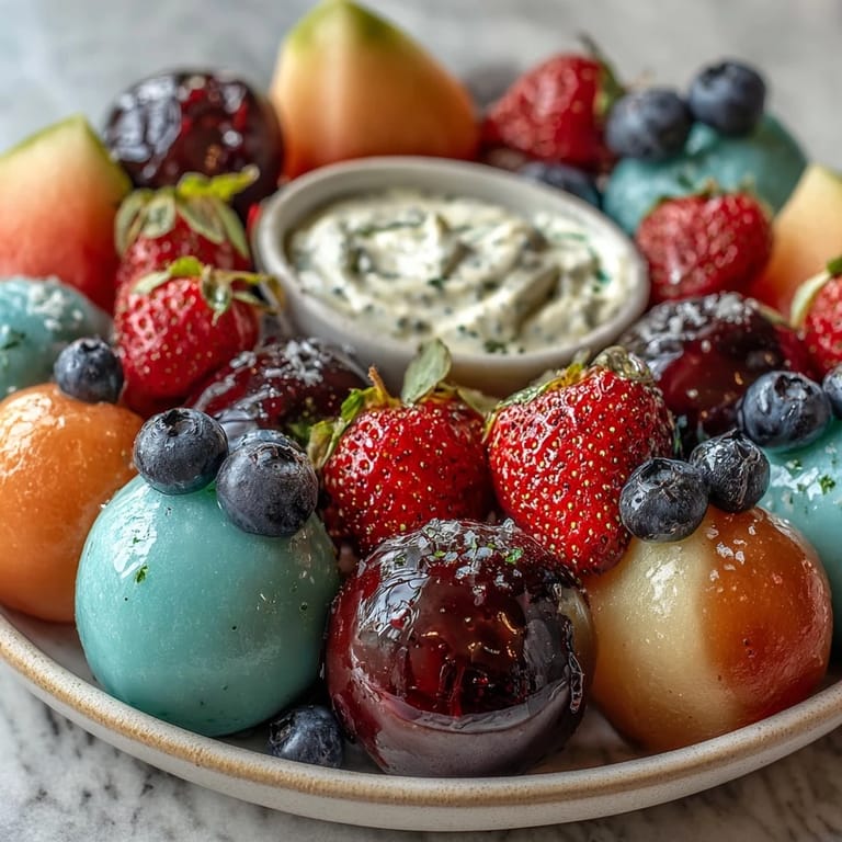 Colorful melon balls, strawberries, blueberries, and grapes artfully displayed with fresh mint, paired with a tangy-sweet honey-lime Greek yogurt dip.