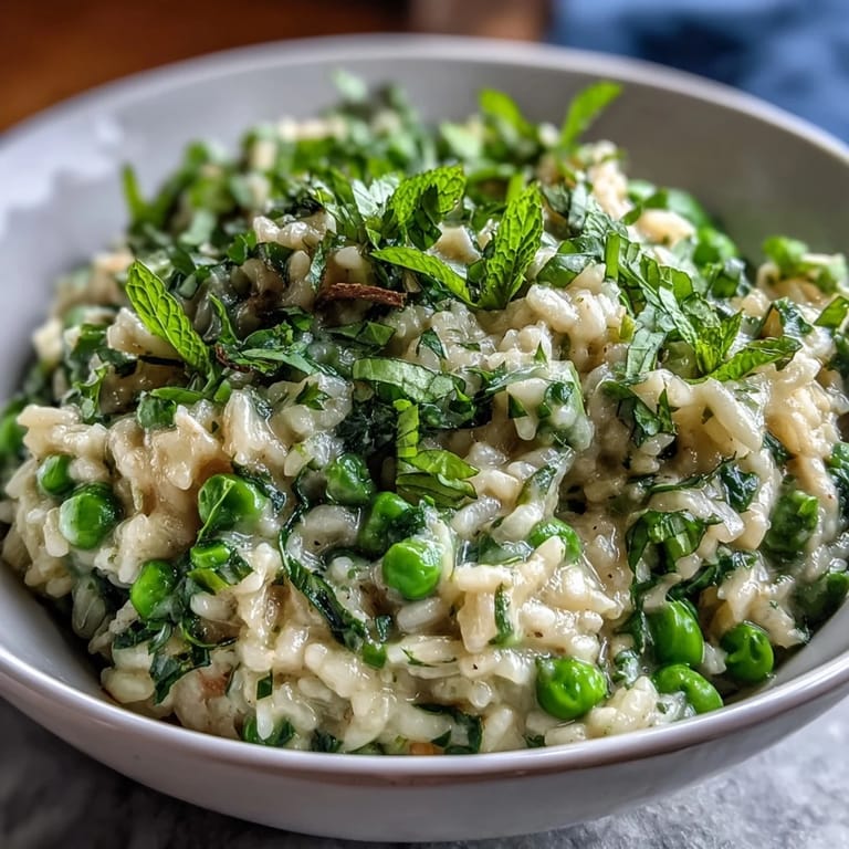 Vibrant green risotto with sweet peas, fresh mint, and Parmesan, served in a rustic white bowl for a light vegetarian dinner.