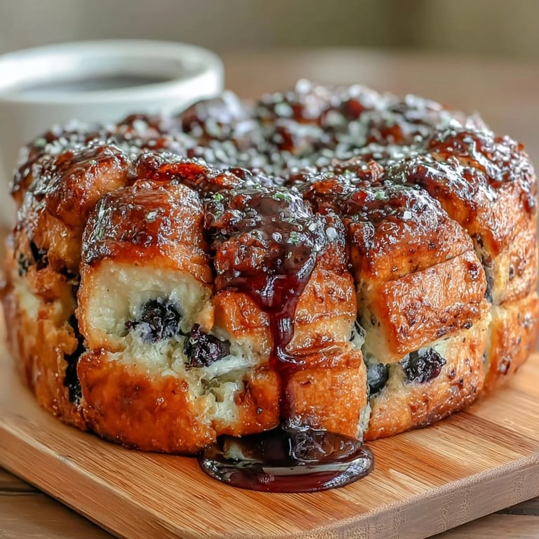 Golden sourdough pull-apart loaf filled with vibrant blueberries and zesty lemon sugar, baked to perfection for a sweet brunch treat.  