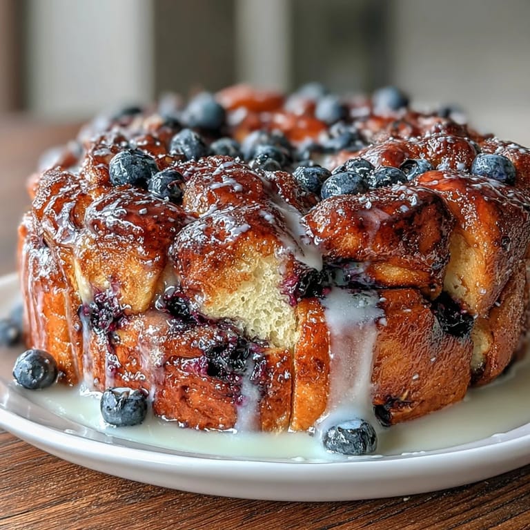 Pillowy sourdough breakfast bread with lemon zest, blueberries, and a drizzle of lemon glaze, perfect for a cozy morning gathering.