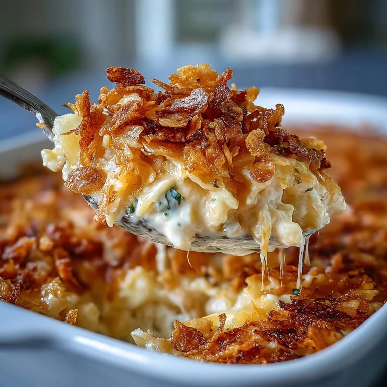 Golden baked funeral potatoes featuring shredded hash browns, creamy Greek yogurt, and a crunchy cornflake topping in a classic American dish.  