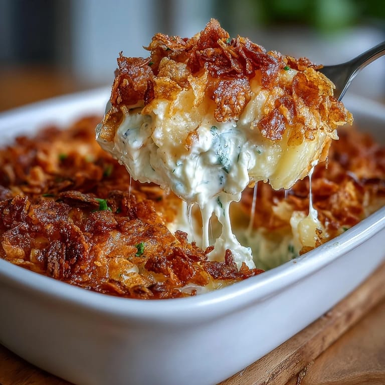 Rich and creamy lightened funeral potatoes with Greek yogurt and melted cheddar, served hot with a crispy, buttery cornflake crust.