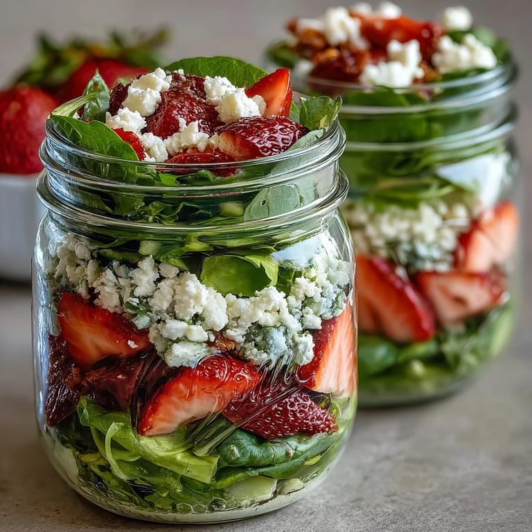 Vibrant layered jar salads featuring juicy strawberries, crumbled goat cheese, crunchy pecans, and crisp greens, perfect for picnics, meal prep, or light lunches.