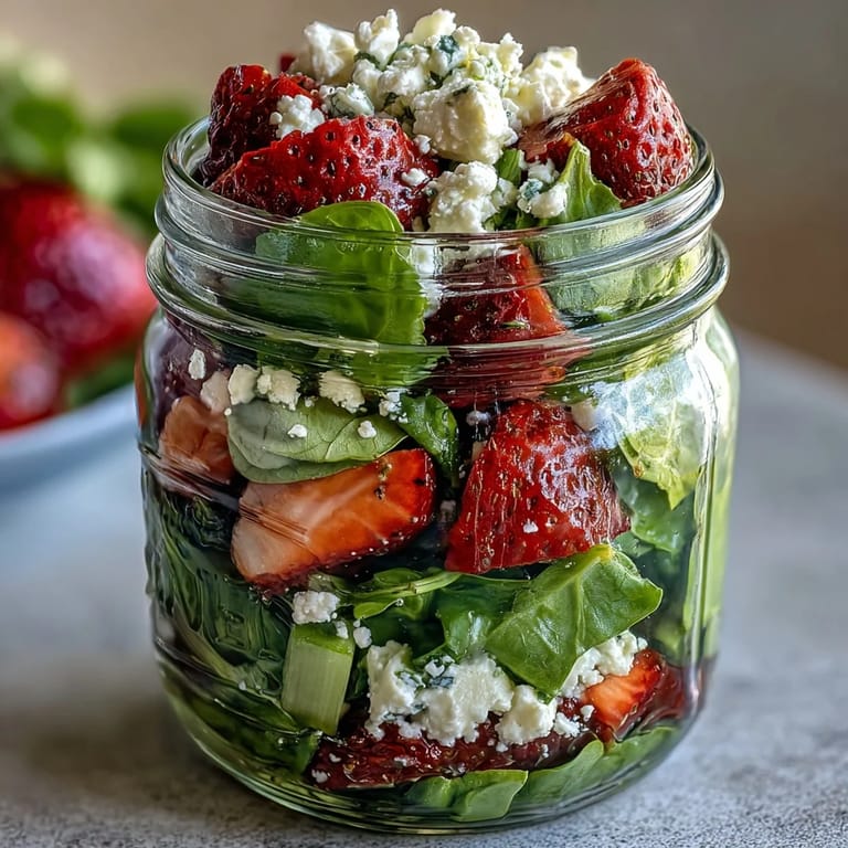 Fresh strawberry and goat cheese salad jars with balsamic dressing, toasted nuts, and colorful vegetables, ideal for healthy, portable, and visually appealing picnic meals.
