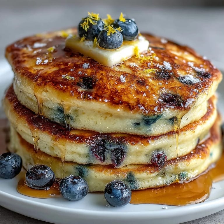 Fluffy lemon blueberry pancakes made with tangy sourdough discard, golden brown and dotted with juicy berries.  