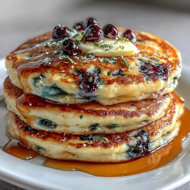 Stack of sourdough lemon blueberry pancakes, golden edges and bursts of fresh fruit in every bite.