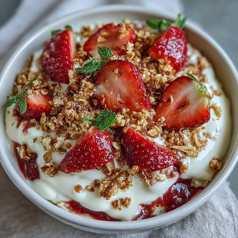 Vanilla Yogurt Strawberry Shortcake Overnight Oats - A vibrant breakfast jar with layers of vanilla yogurt, juicy strawberries, and soft oats, perfect for busy mornings.
