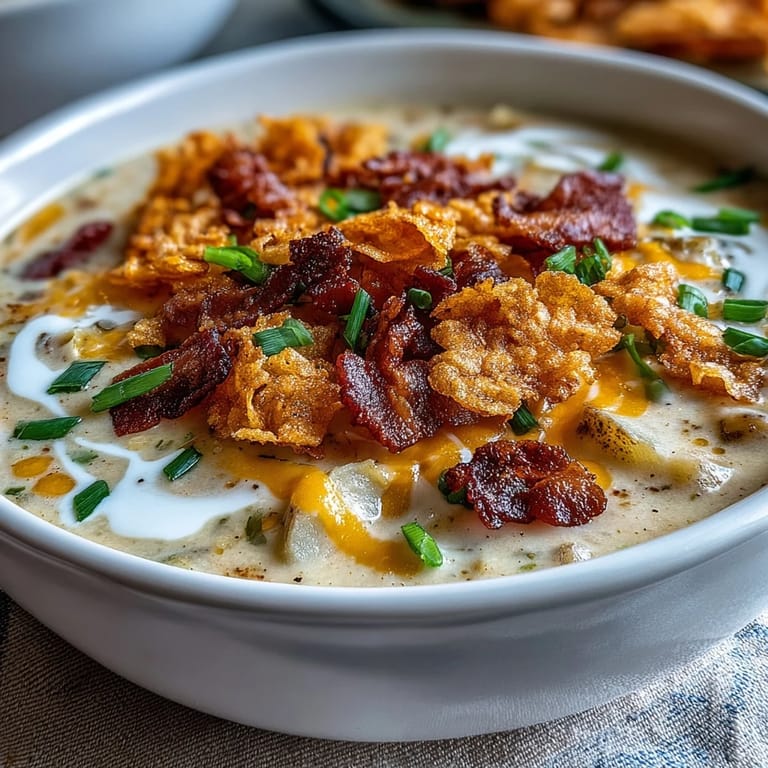Comforting funeral potatoes soup with tender potatoes, melted cheddar, and crunchy chip topping in a steaming mug.  