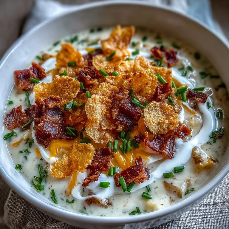 Rich, cheesy loaded potato soup with sour cream, chives, and golden potato chip crumbles in a cozy serving bowl.
