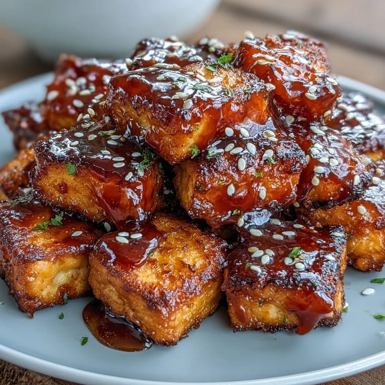 Golden, crunchy tofu bites tossed in a tangy sweet chili glaze, served as a flavorful appetizer or snack.  