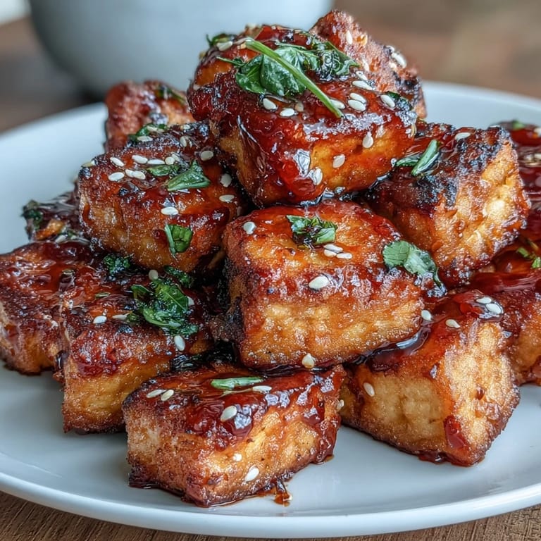Air-fried tofu nuggets with a crispy coating, drizzled in a savory-sweet chili sauce and topped with green onions.