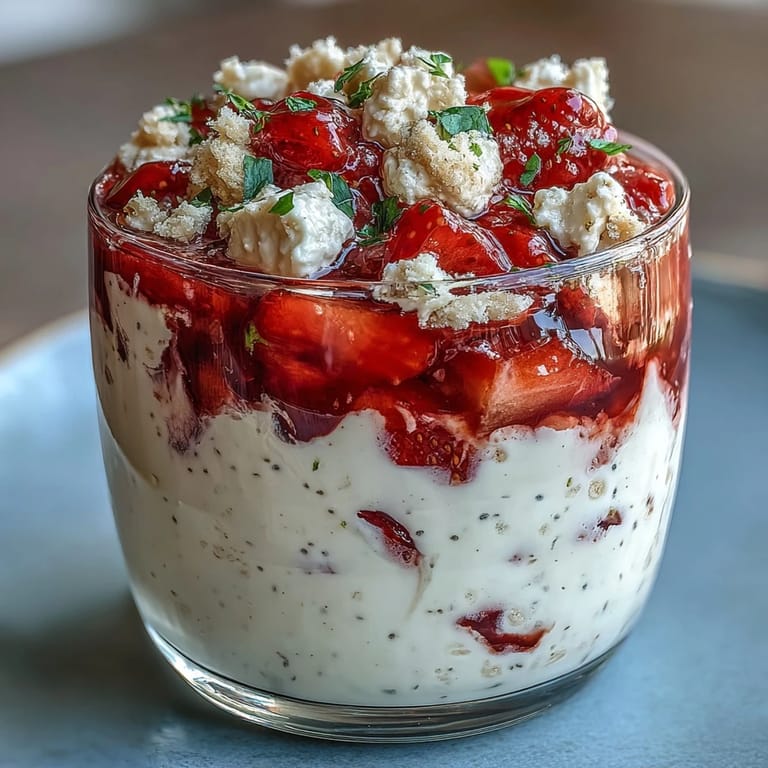 Overnight oats swirled with fresh strawberries and cottage cheese, topped with graham cracker crumbs for a satisfying, healthy start.